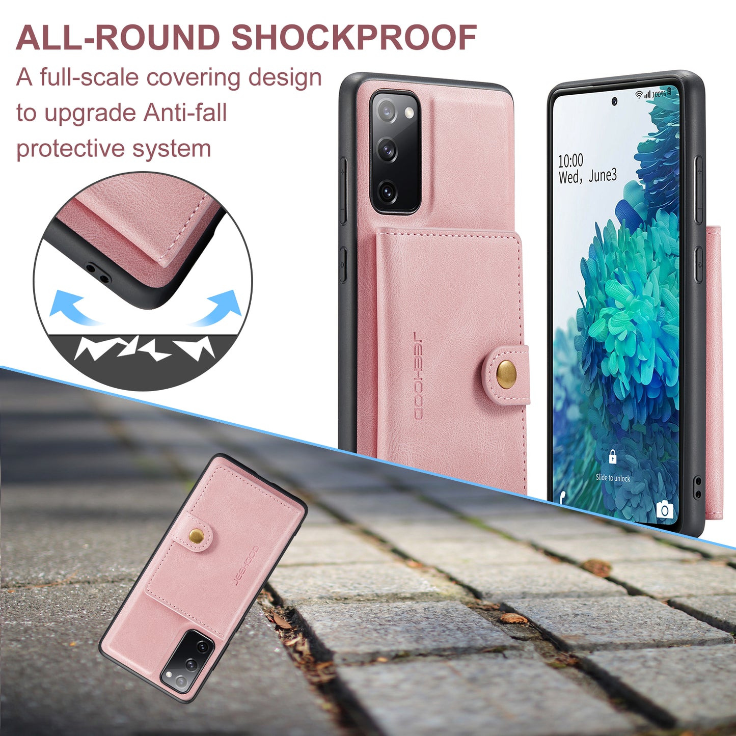 JEEHOOD J01 For Samsung Galaxy S20 FE 2022 / S20 FE / S20 FE 5G / S20 Lite Case Retro Leather Detachable Back Cover - Pink