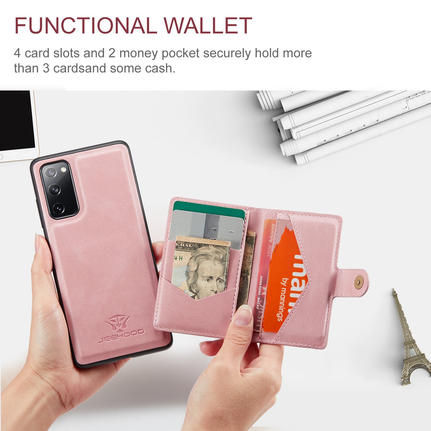 JEEHOOD J01 For Samsung Galaxy S20 FE 2022 / S20 FE / S20 FE 5G / S20 Lite Case Retro Leather Detachable Back Cover - Pink
