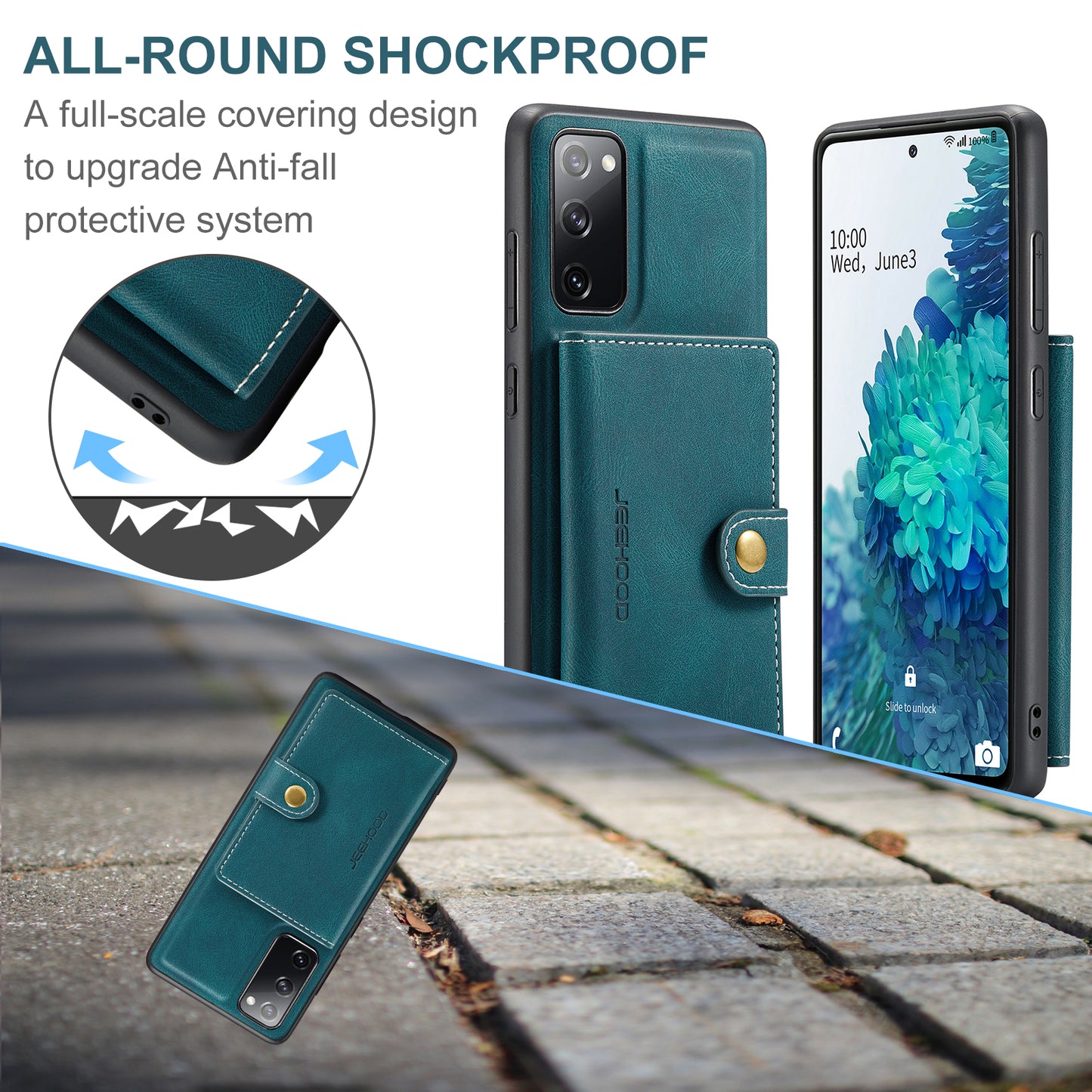 JEEHOOD J01 For Samsung Galaxy S20 FE 2022 / S20 FE / S20 FE 5G / S20 Lite Case Retro Leather Detachable Back Cover - Blue