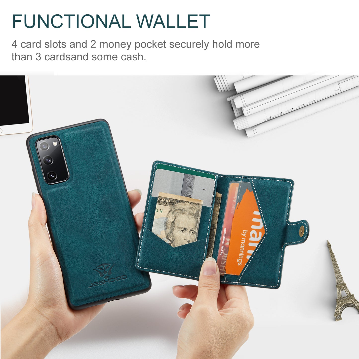 JEEHOOD J01 For Samsung Galaxy S20 FE 2022 / S20 FE / S20 FE 5G / S20 Lite Case Retro Leather Detachable Back Cover - Blue