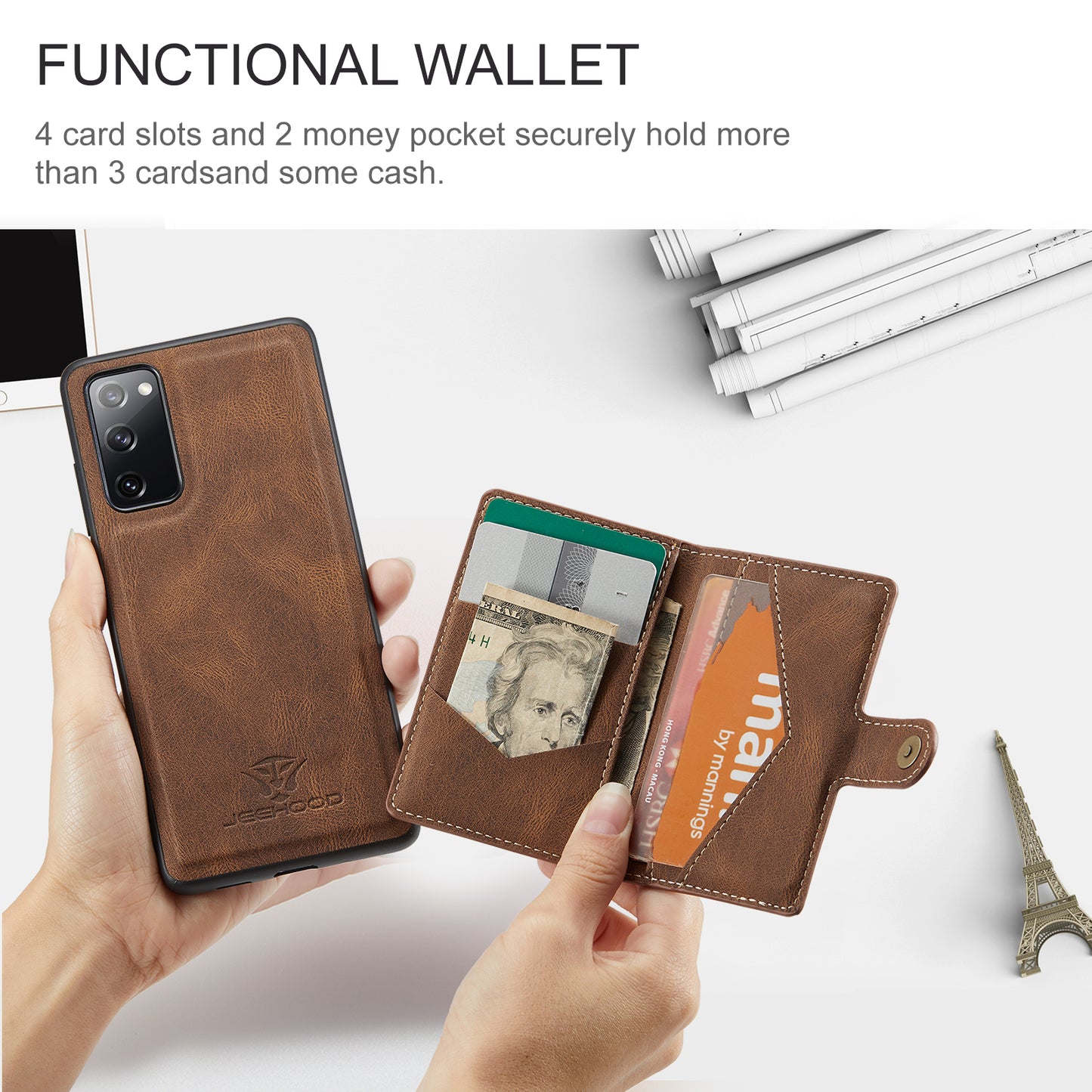 JEEHOOD J01 For Samsung Galaxy S20 FE 2022 / S20 FE / S20 FE 5G / S20 Lite Case Retro Leather Detachable Back Cover - Brown