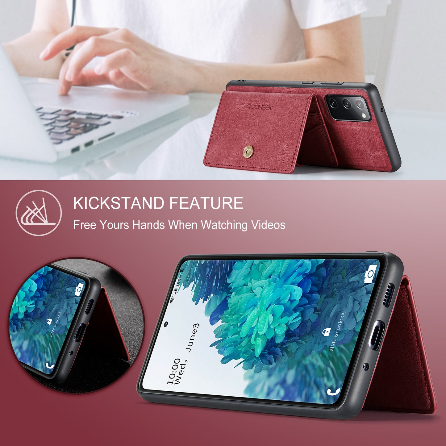 JEEHOOD J01 For Samsung Galaxy S20 FE 2022 / S20 FE / S20 FE 5G / S20 Lite Case Retro Leather Detachable Back Cover - Red