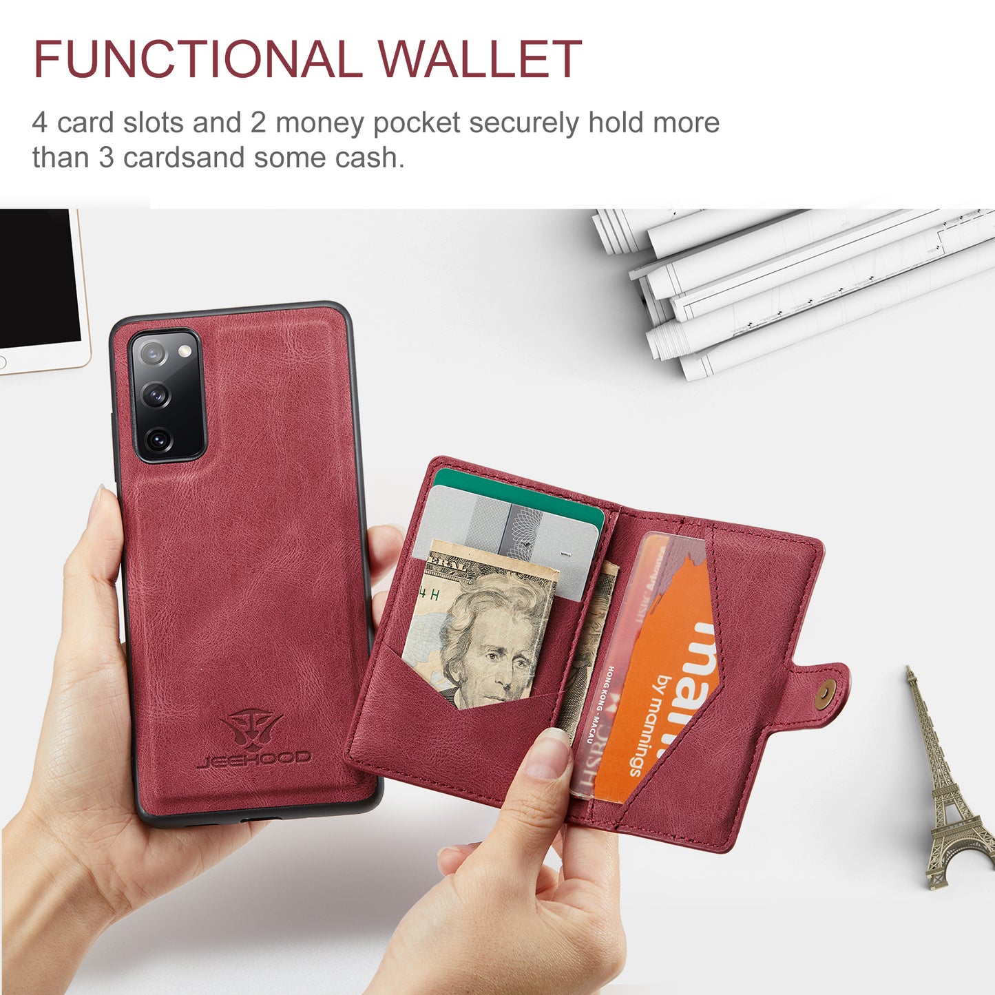 JEEHOOD J01 For Samsung Galaxy S20 FE 2022 / S20 FE / S20 FE 5G / S20 Lite Case Retro Leather Detachable Back Cover - Red