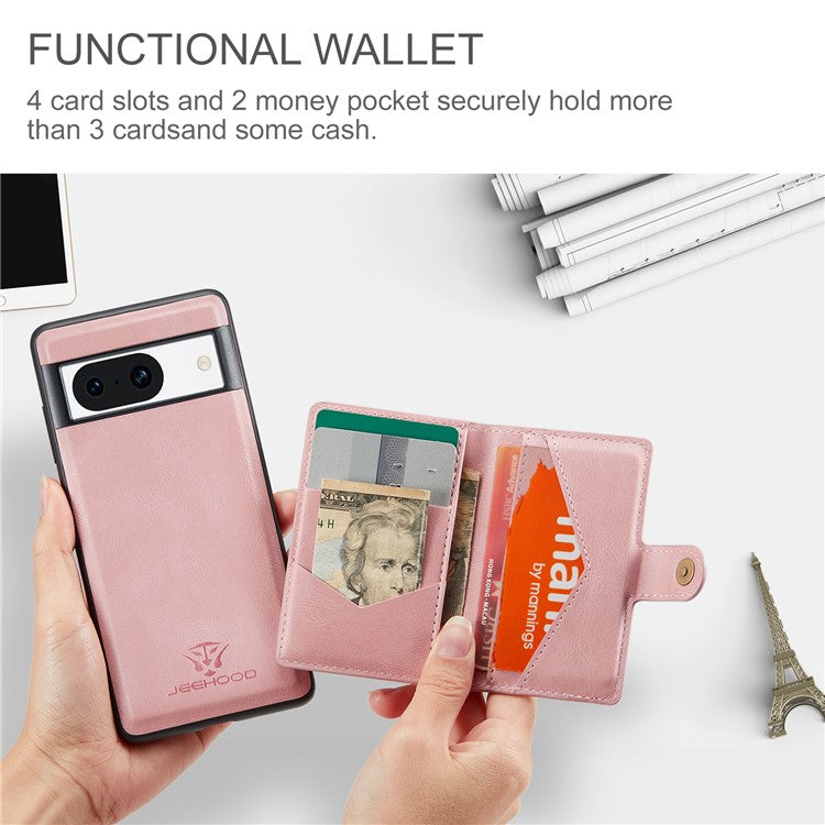 JEEHOOD J01 For Google Pixel 8a Case Leather + TPU Retro Phone Cover Detachable Magnetic Back Card Pocket - Pink