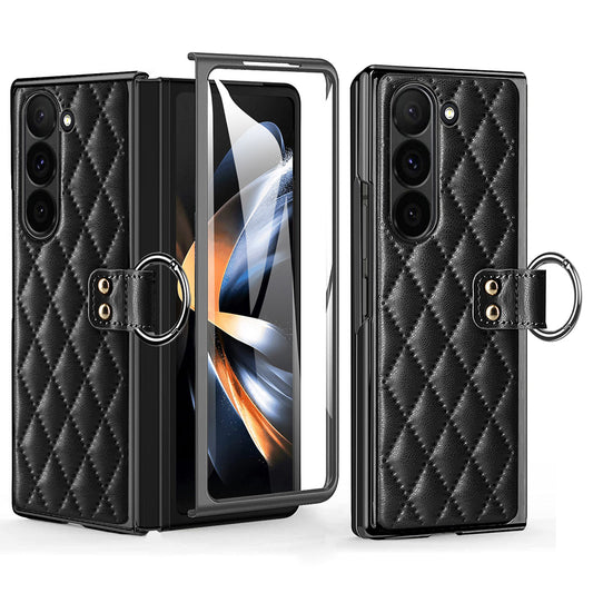 For Samsung Galaxy Z Fold6 5G Case Rhombus Grid Phone Cover with Tempered Glass Film - Black