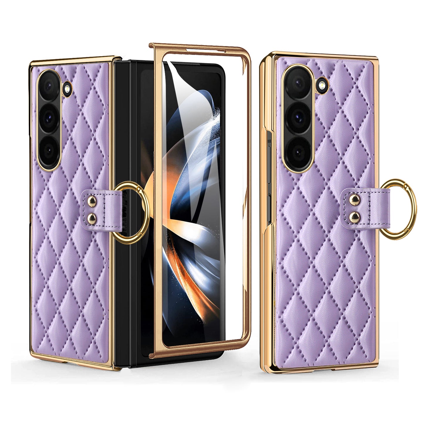 For Samsung Galaxy Z Fold6 5G Case Rhombus Grid Phone Cover with Tempered Glass Film - Purple