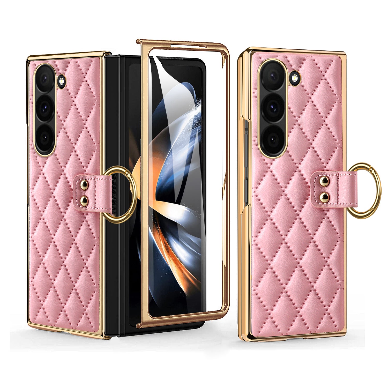 For Samsung Galaxy Z Fold6 5G Case Rhombus Grid Phone Cover with Tempered Glass Film - Pink