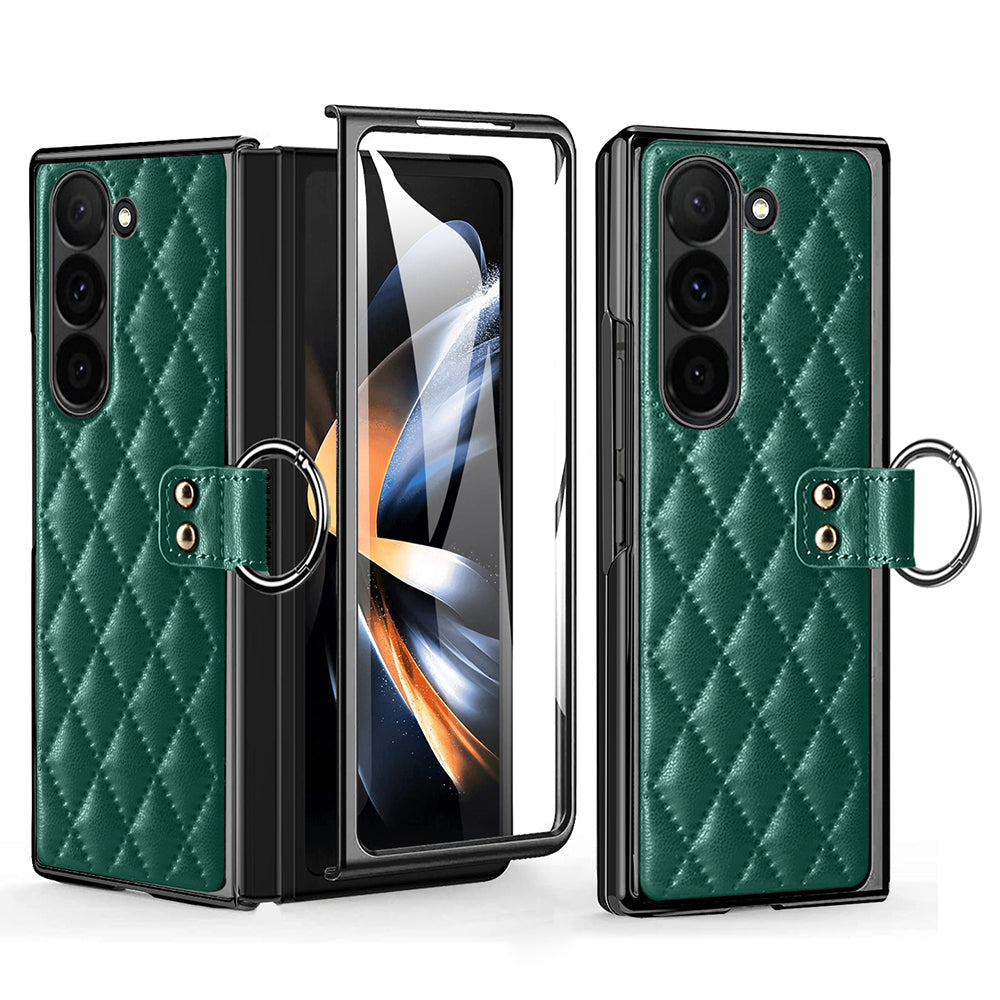For Samsung Galaxy Z Fold6 5G Case Rhombus Grid Phone Cover with Tempered Glass Film - Blackish Green