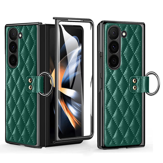 For Samsung Galaxy Z Fold6 5G Case Rhombus Grid Phone Cover with Tempered Glass Film - Blackish Green