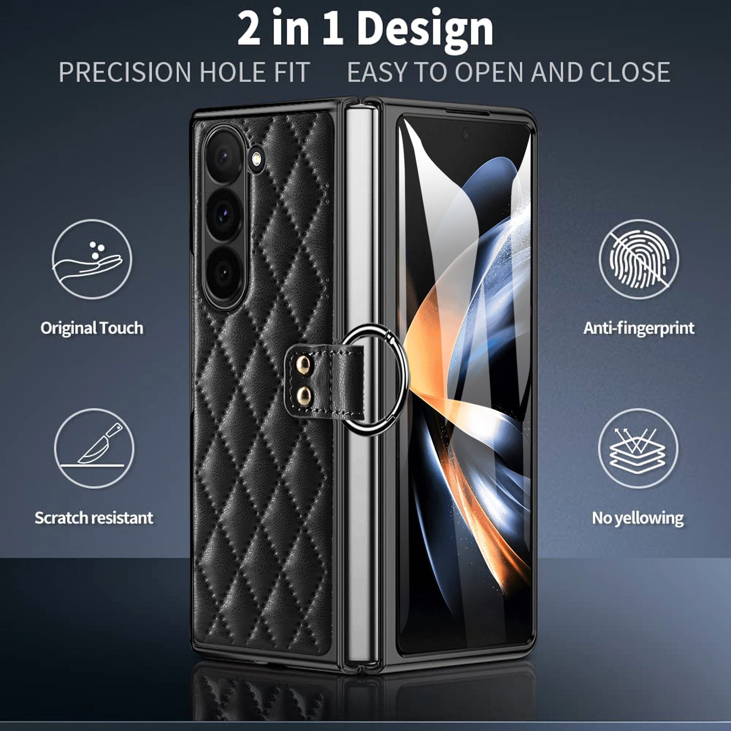 For Samsung Galaxy Z Fold6 5G Case Rhombus Grid Phone Cover with Tempered Glass Film - Blackish Green