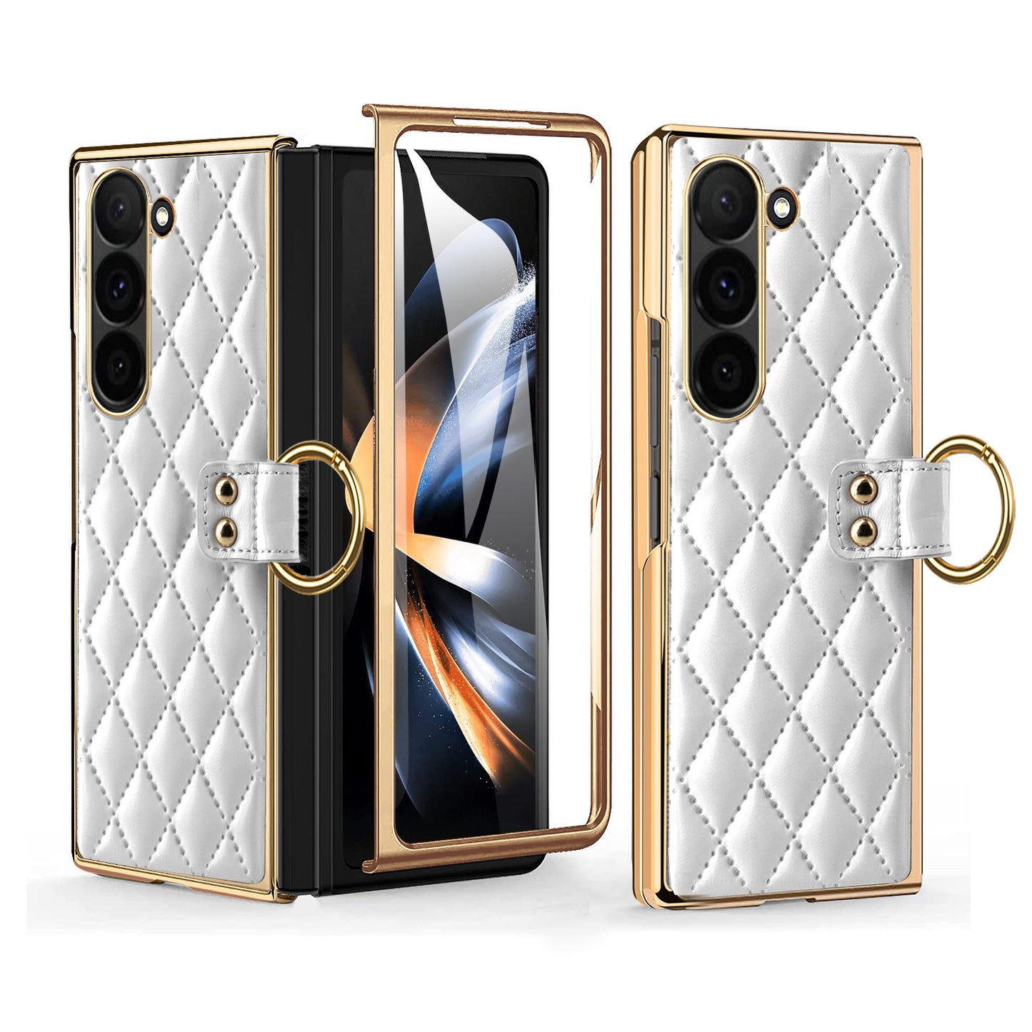For Samsung Galaxy Z Fold6 5G Case Rhombus Grid Phone Cover with Tempered Glass Film - White