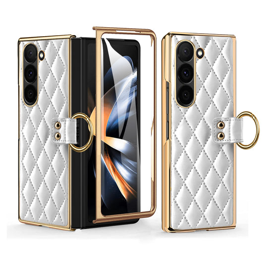 For Samsung Galaxy Z Fold6 5G Case Rhombus Grid Phone Cover with Tempered Glass Film - White