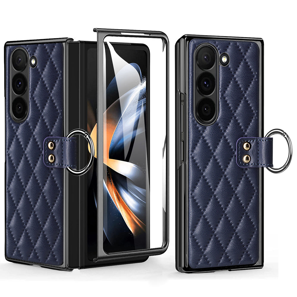 For Samsung Galaxy Z Fold6 5G Case Rhombus Grid Phone Cover with Tempered Glass Film - Blue