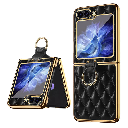 For Samsung Galaxy Z Flip6 5G Case Rhombus Grid Phone Cover with Tempered Glass Film - Black