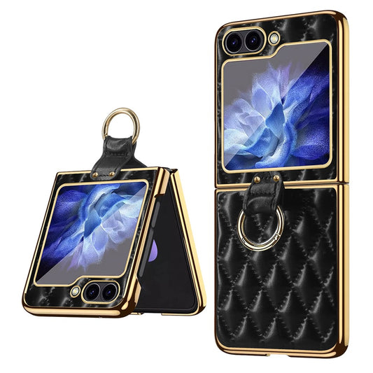 For Samsung Galaxy Z Flip7 FE 5G / Z Flip6 5G Case Rhombus Grid Phone Cover with Tempered Glass Film - Black