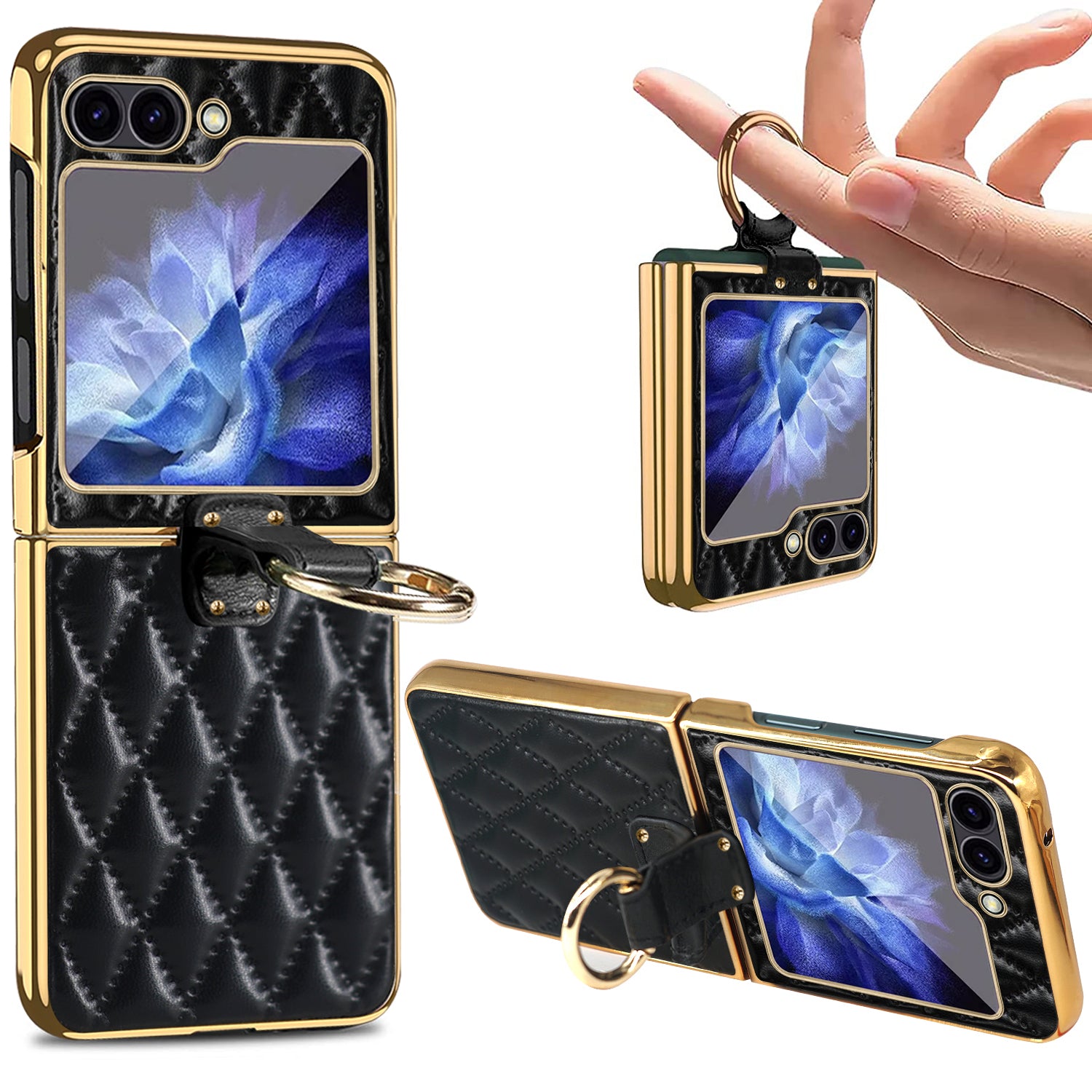 For Samsung Galaxy Z Flip6 5G Case Rhombus Grid Phone Cover with Tempered Glass Film - Blackish Green