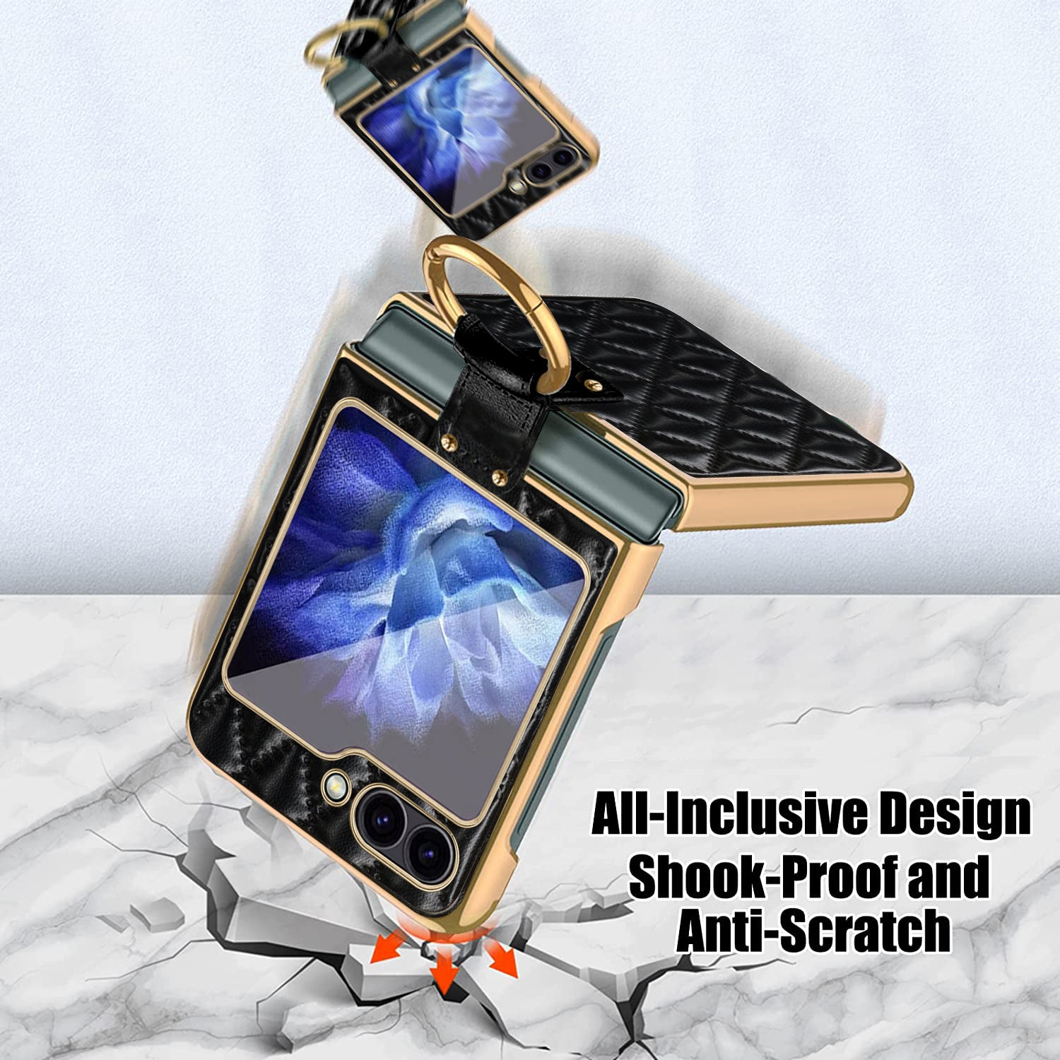 For Samsung Galaxy Z Flip6 5G Case Rhombus Grid Phone Cover with Tempered Glass Film - Blackish Green