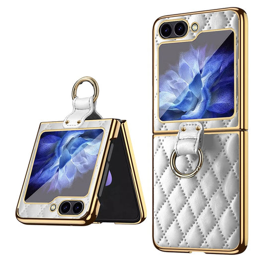 For Samsung Galaxy Z Flip7 FE 5G / Z Flip6 5G Case Rhombus Grid Phone Cover with Tempered Glass Film - White