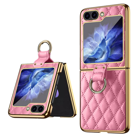 For Samsung Galaxy Z Flip6 5G Case Rhombus Grid Phone Cover with Tempered Glass Film - Pink