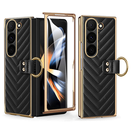For Samsung Galaxy Z Fold6 5G Case V-Shape Pattern Kickstand PC Phone Cover - Black