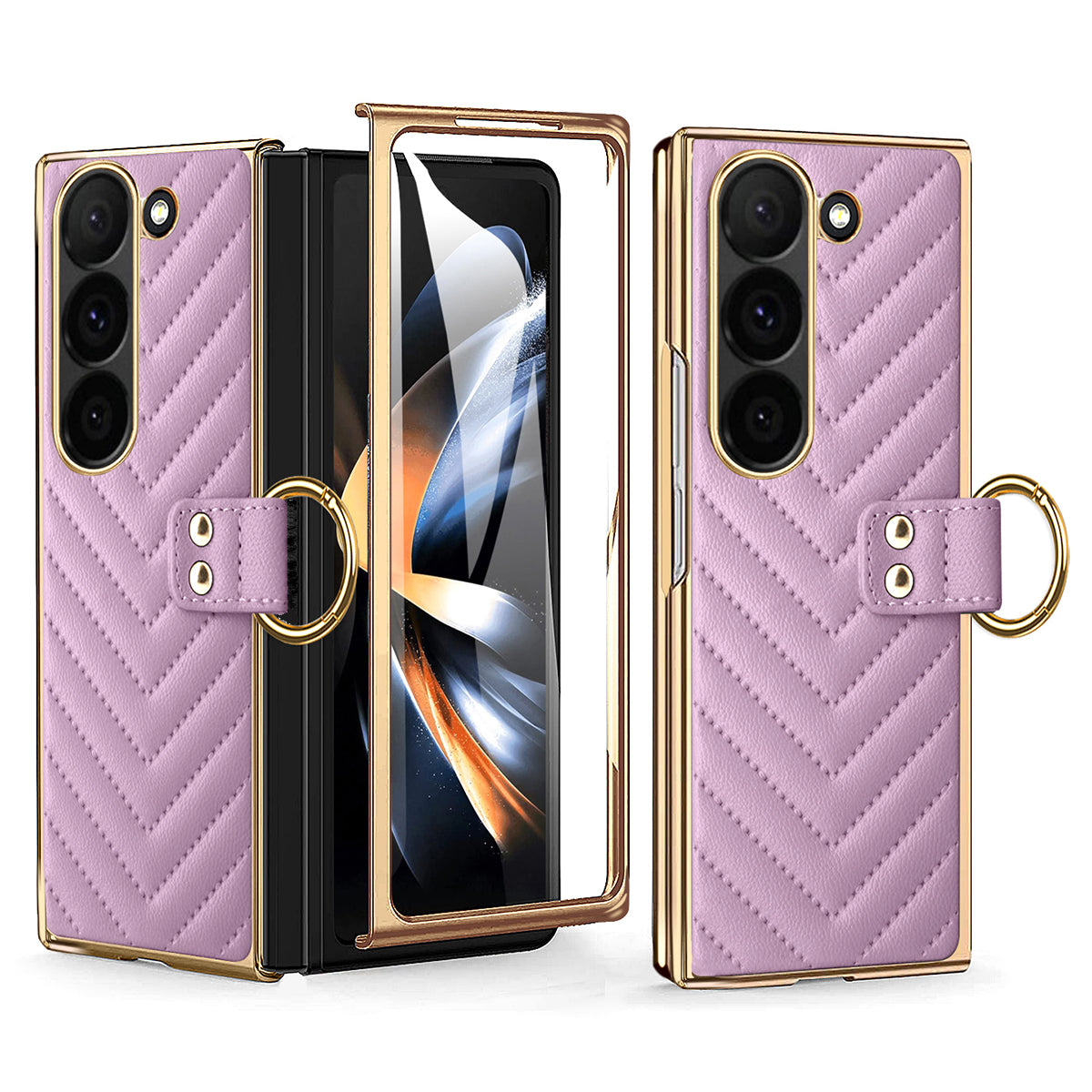 For Samsung Galaxy Z Fold6 5G Case V-Shape Pattern Kickstand PC Phone Cover - Purple