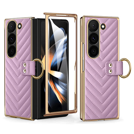 For Samsung Galaxy Z Fold6 5G Case V-Shape Pattern Kickstand PC Phone Cover - Purple