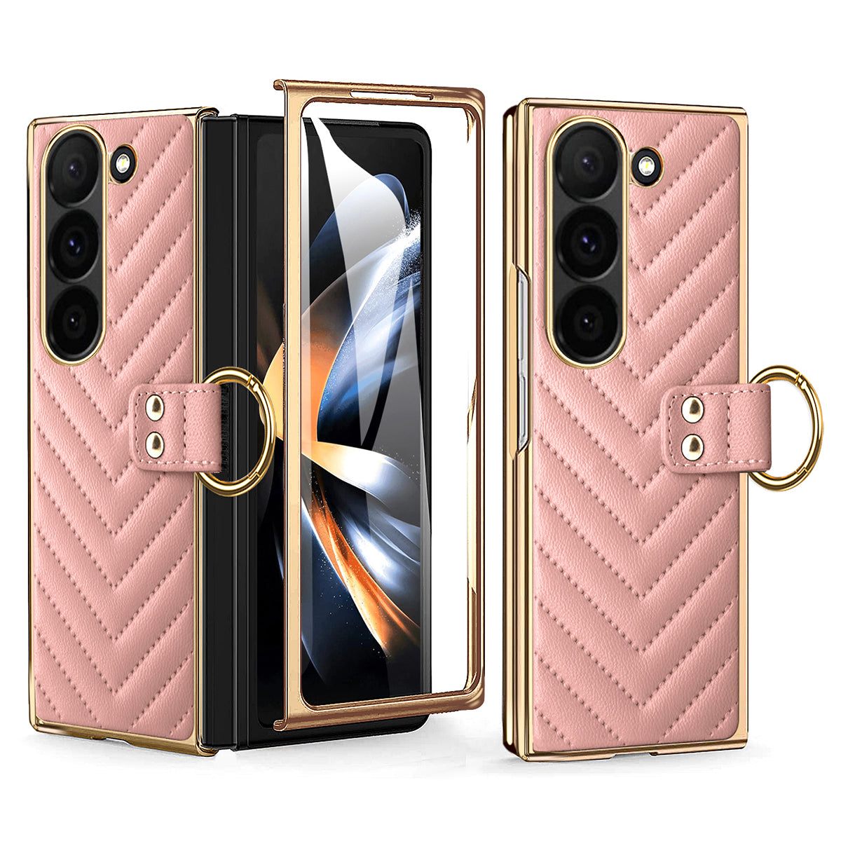 For Samsung Galaxy Z Fold6 5G Case V-Shape Pattern Kickstand PC Phone Cover - Pink
