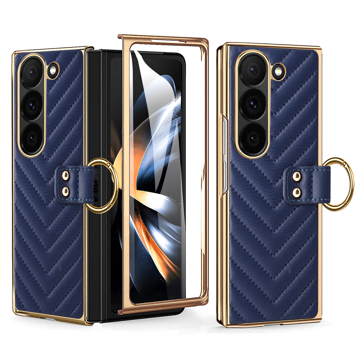 For Samsung Galaxy Z Fold6 5G Case V-Shape Pattern Kickstand PC Phone Cover - Blue