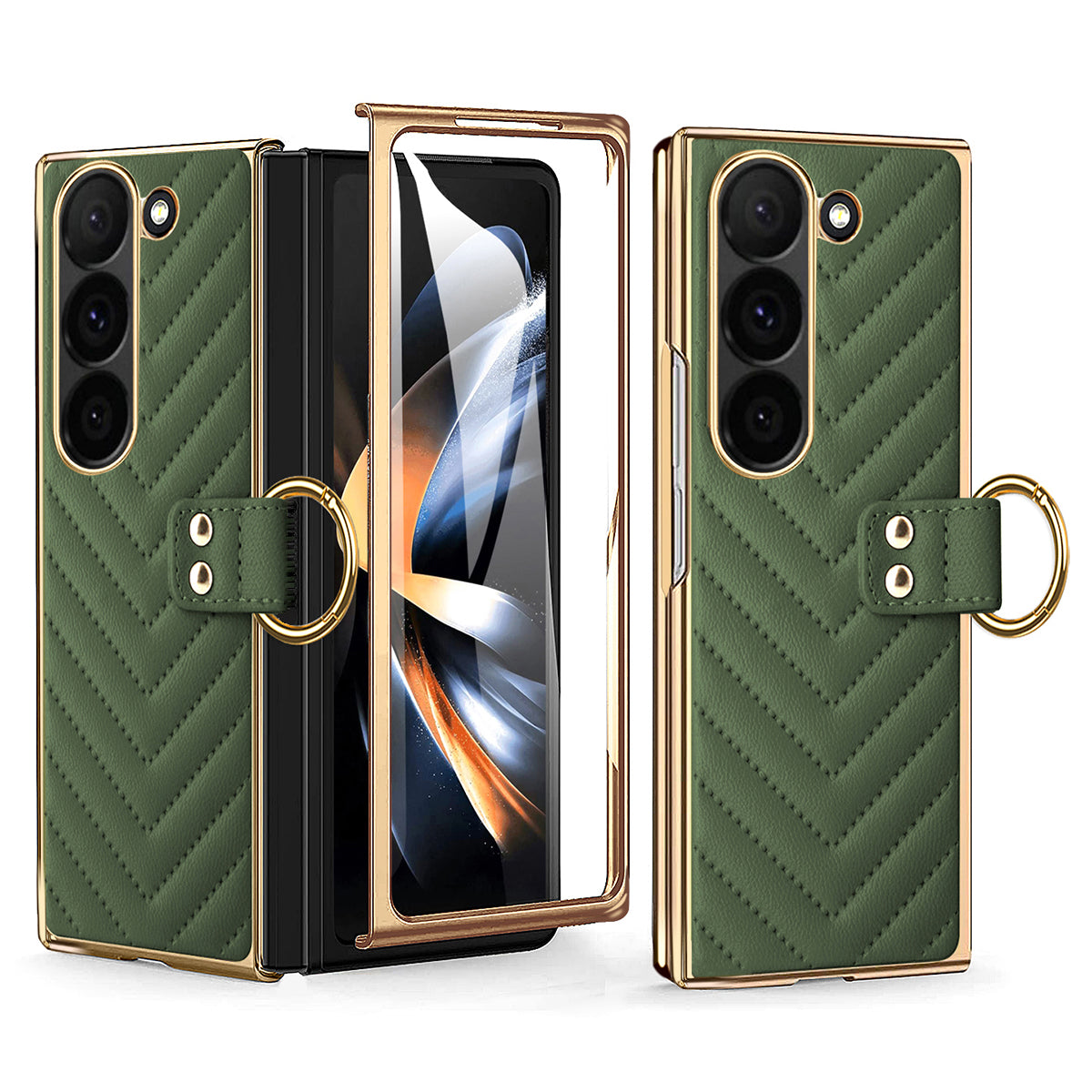 For Samsung Galaxy Z Fold6 5G Case V-Shape Pattern Kickstand PC Phone Cover - Green