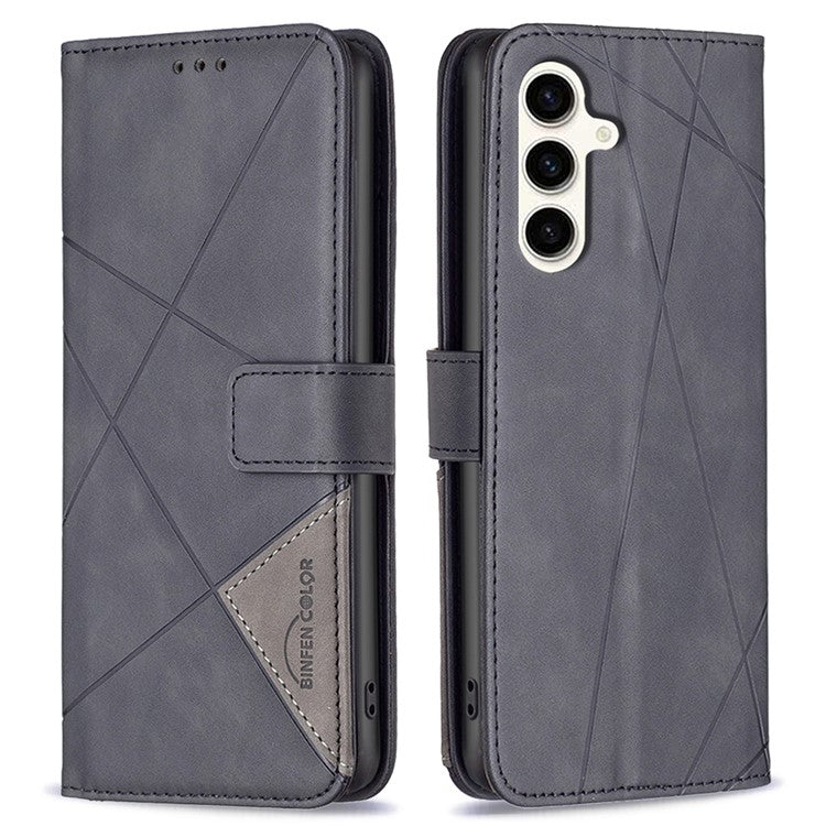 BINFEN COLOR For Samsung Galaxy M35 5G Phone Cases Wallet Stand Geometry Imprinted Leather Cover - Black