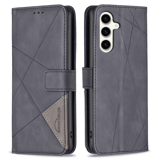 BINFEN COLOR For Samsung Galaxy M35 5G Phone Cases Wallet Stand Geometry Imprinted Leather Cover - Black