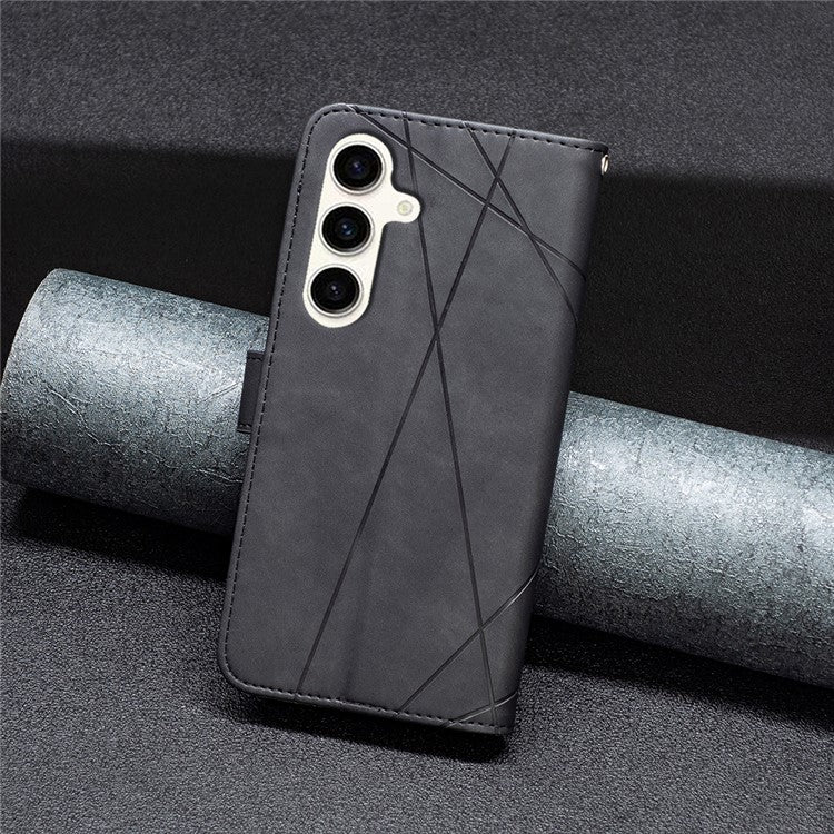 BINFEN COLOR For Samsung Galaxy M35 5G Phone Cases Wallet Stand Geometry Imprinted Leather Cover - Black