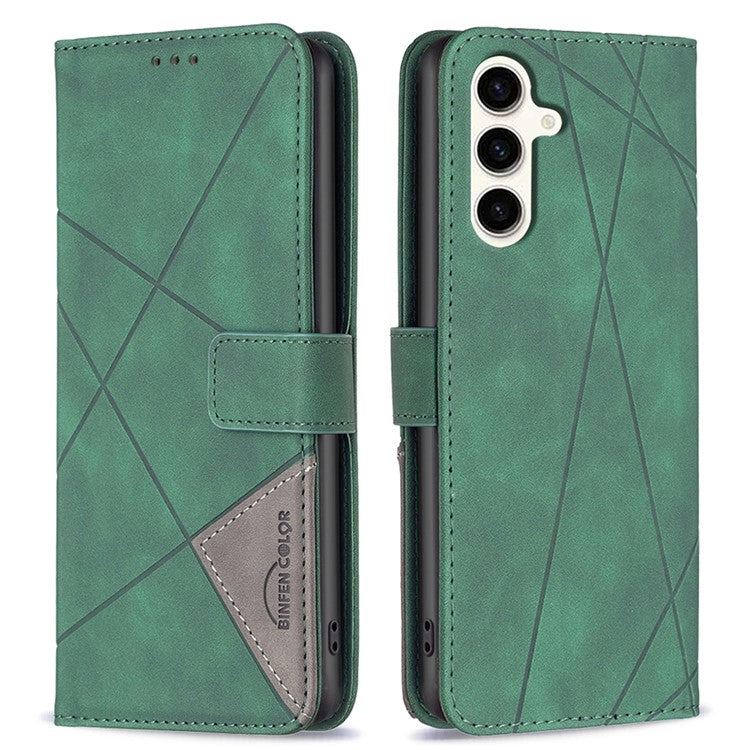 BINFEN COLOR For Samsung Galaxy M35 5G Phone Cases Wallet Stand Geometry Imprinted Leather Cover - Green