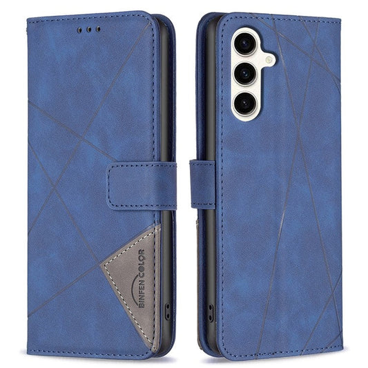 BINFEN COLOR For Samsung Galaxy M35 5G Phone Cases Wallet Stand Geometry Imprinted Leather Cover - Blue