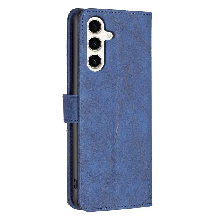 BINFEN COLOR For Samsung Galaxy M35 5G Phone Cases Wallet Stand Geometry Imprinted Leather Cover - Blue
