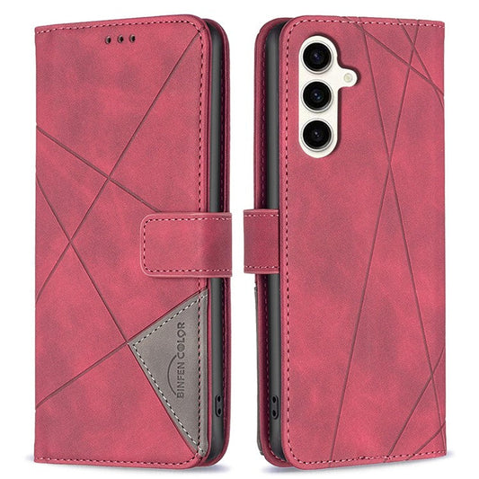 BINFEN COLOR For Samsung Galaxy M35 5G Phone Cases Wallet Stand Geometry Imprinted Leather Cover - Red