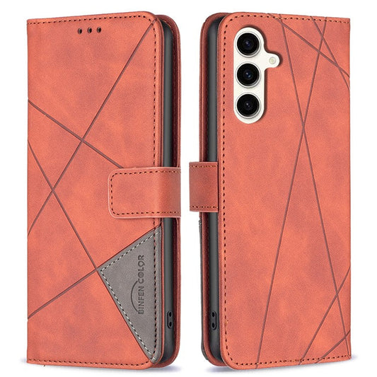 BINFEN COLOR For Samsung Galaxy M35 5G Phone Cases Wallet Stand Geometry Imprinted Leather Cover - Brown