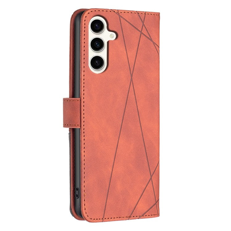 BINFEN COLOR For Samsung Galaxy M35 5G Phone Cases Wallet Stand Geometry Imprinted Leather Cover - Brown