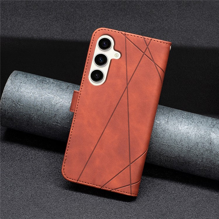 BINFEN COLOR For Samsung Galaxy M35 5G Phone Cases Wallet Stand Geometry Imprinted Leather Cover - Brown