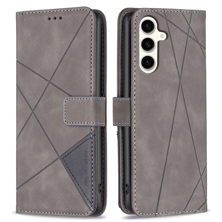 BINFEN COLOR For Samsung Galaxy M35 5G Phone Cases Wallet Stand Geometry Imprinted Leather Cover - Grey