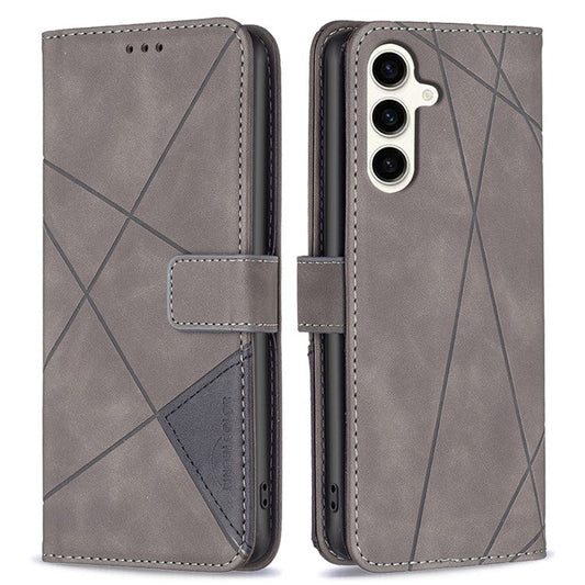 BINFEN COLOR For Samsung Galaxy M35 5G Phone Cases Wallet Stand Geometry Imprinted Leather Cover - Grey