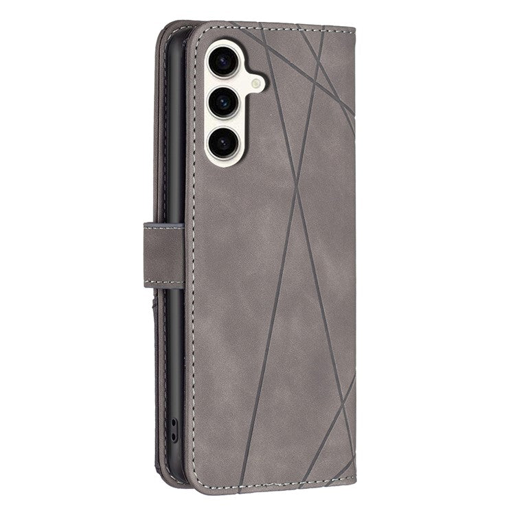 BINFEN COLOR For Samsung Galaxy M35 5G Phone Cases Wallet Stand Geometry Imprinted Leather Cover - Grey