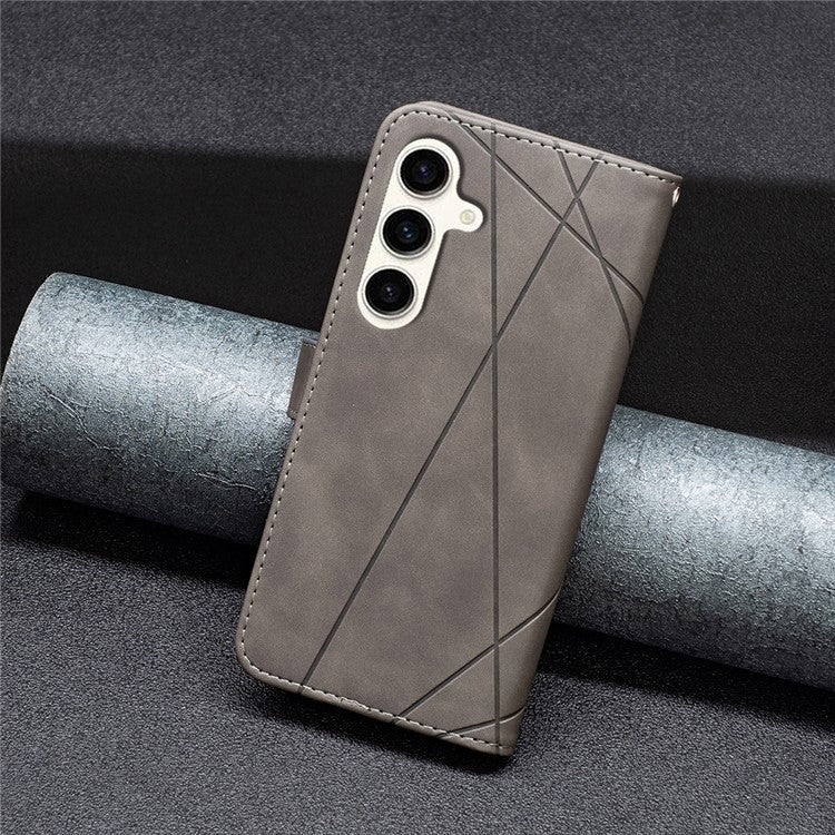 BINFEN COLOR For Samsung Galaxy M35 5G Phone Cases Wallet Stand Geometry Imprinted Leather Cover - Grey