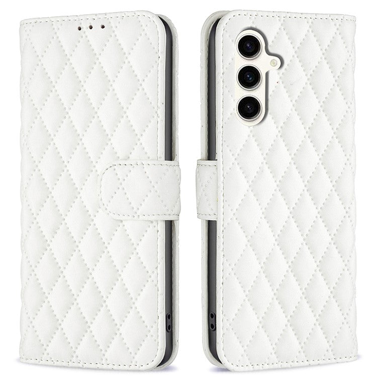 BINFEN COLOR BF Style-14 For Samsung Galaxy M35 5G Leather Phone Case Rhombus Grid Pattern - White