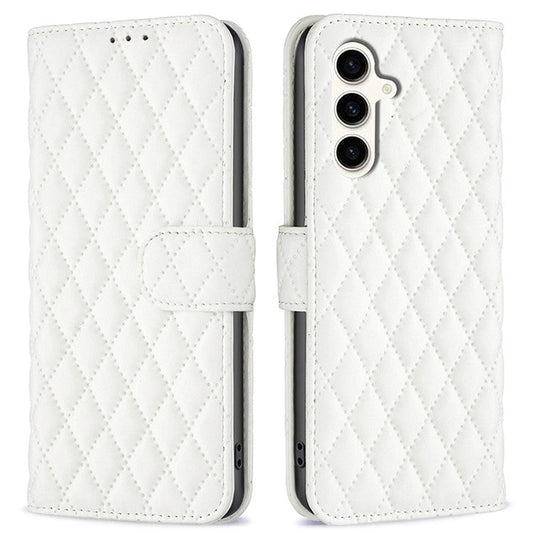 BINFEN COLOR BF Style-14 For Samsung Galaxy M35 5G Leather Phone Case Rhombus Grid Pattern - White