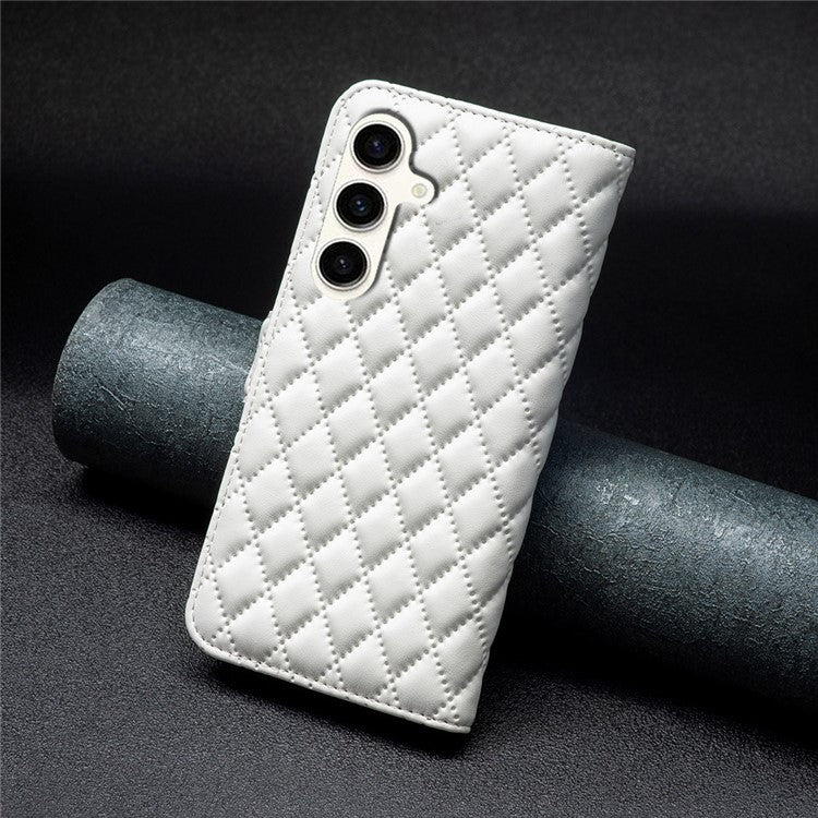 BINFEN COLOR BF Style-14 For Samsung Galaxy M35 5G Leather Phone Case Rhombus Grid Pattern - White