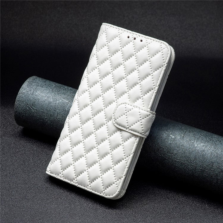 BINFEN COLOR BF Style-14 For Samsung Galaxy M35 5G Leather Phone Case Rhombus Grid Pattern - White