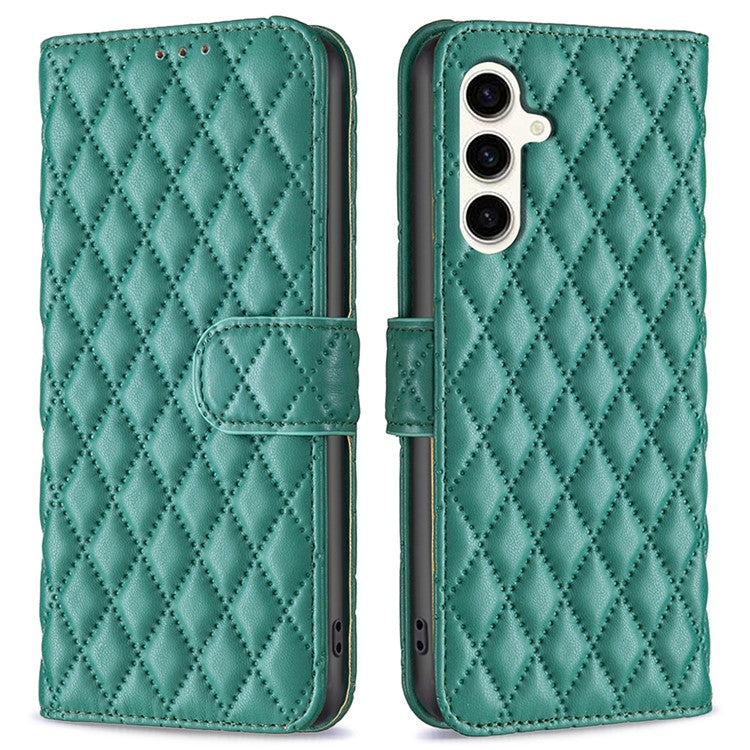 BINFEN COLOR BF Style-14 For Samsung Galaxy M35 5G Leather Phone Case Rhombus Grid Pattern - Green