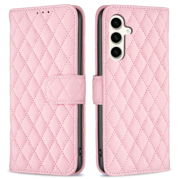 BINFEN COLOR BF Style-14 For Samsung Galaxy M35 5G Leather Phone Case Rhombus Grid Pattern - Pink