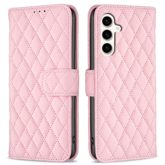 BINFEN COLOR BF Style-14 For Samsung Galaxy M35 5G Leather Phone Case Rhombus Grid Pattern - Pink